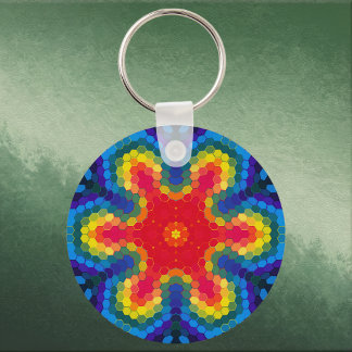 Hex Mandala Red Yellow and Blue Keychain
