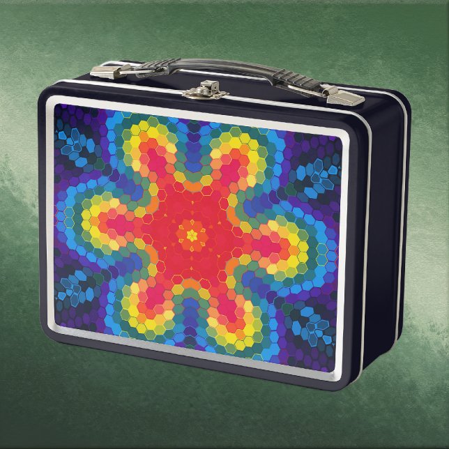 Hex Mandala Red Yellow and Blue Metal Lunch Box (Red Yellow and Blue Hexagon Mandala Metal Lunchbox by Wormhole Orbital)