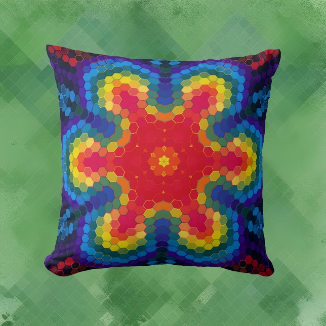 Hex Mandala Red Yellow and Blue Throw Pillow (Creator Uploaded)