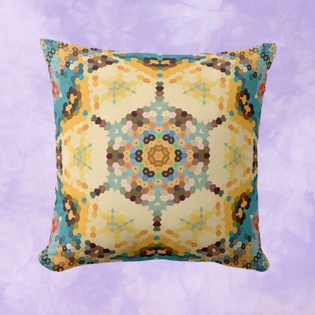Hex Mandala Yellow and Blue Throw Pillow (Creator Uploaded)