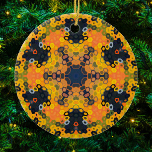 Hex Mandala Yellow and Orange Ceramic Ornament