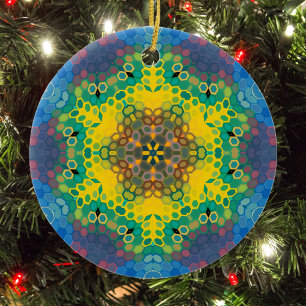 Hex Mandala Yellow Blue and Pink Ceramic Ornament