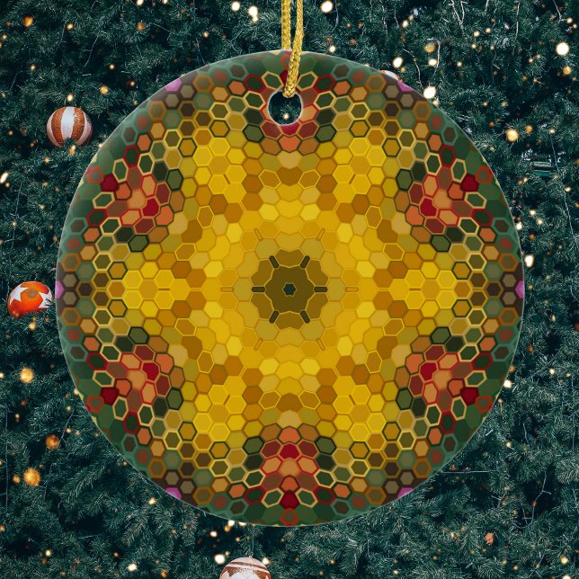 Hex Mandala Yellow Green and Orange Ceramic Ornament (Yellow Green and Orange Hexagon Mandala Ornament from Wormhole Orbital)