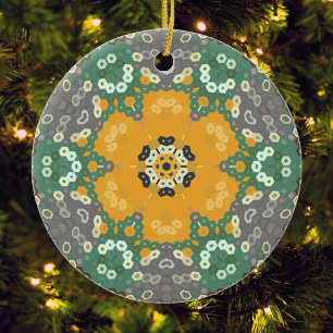 Hex Mandala Yellow Teal and Brown Ceramic Ornament