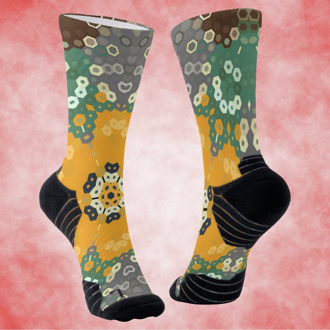 Hex Mandala Yellow Teal and Brown Socks (Yellow Teal and Brown Hexagon Mandala Socks by Wormhole Orbital.)