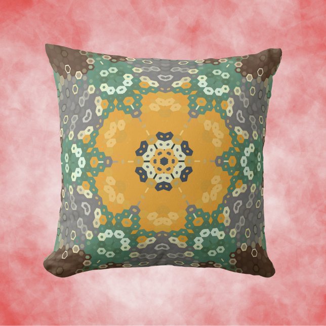 Hex Mandala Yellow Teal and Brown Throw Pillow (Yellow Teal and Brown Hexagon Mandala Throw Pillow by Wormhole Orbital.)