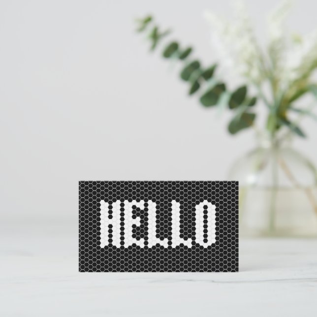 Hex tile black and white modern hello design business card (Standing Front)