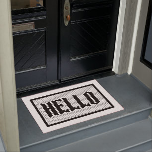 Hex tile black and white modern hello design doormat