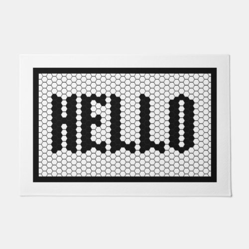 Hex tile black and white modern hello design doormat