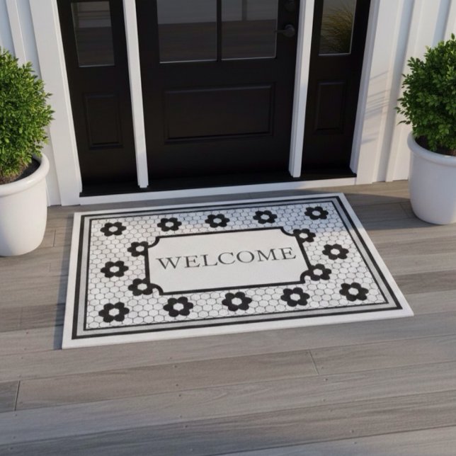 Hex tile design green gray welcome doormat (Creator Uploaded)