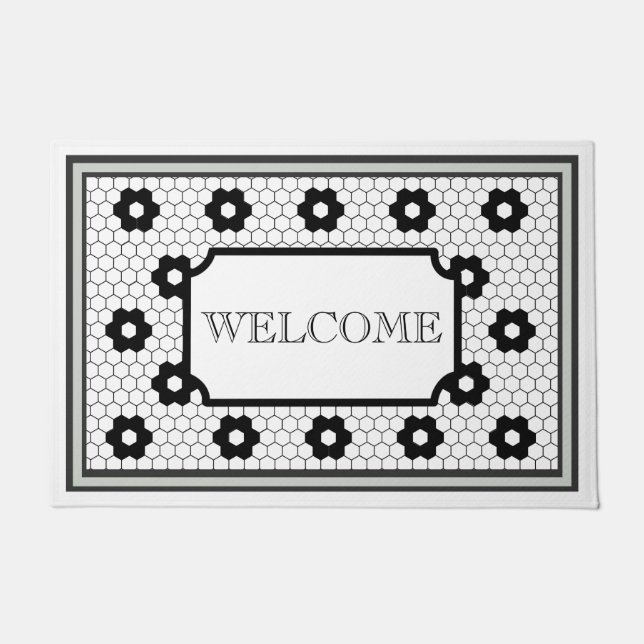 Hex tile design green gray welcome doormat (Front)