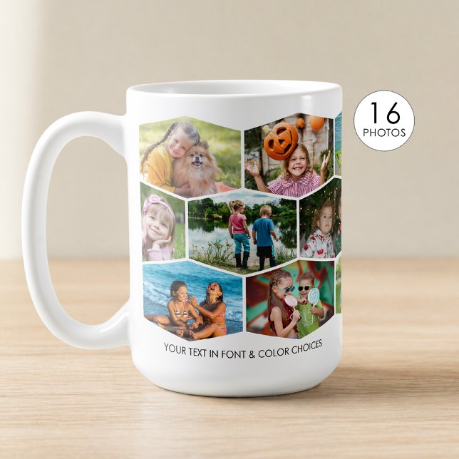 Hexagon 16 Photo Collage Pattern Wrap Personalized Coffee Mug (Creator Uploaded)