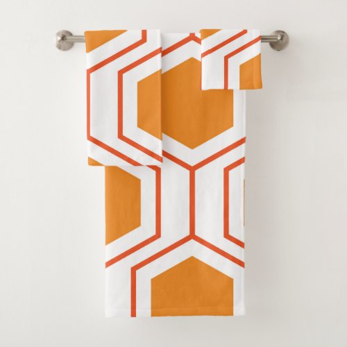Hexagon abstract geometrical pattern in orange and bath towel set