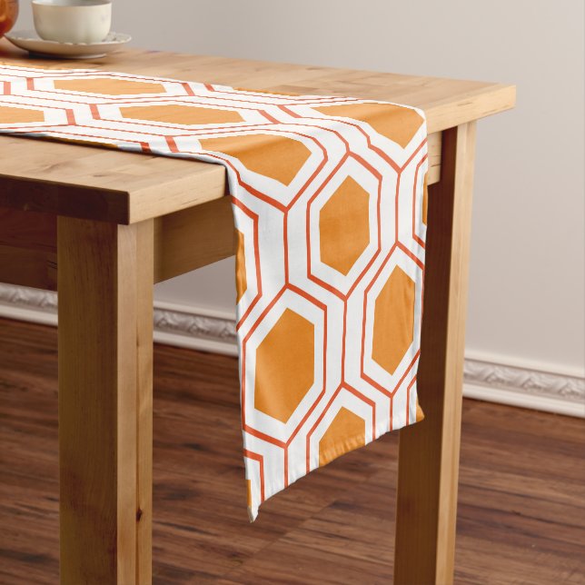 Hexagon abstract geometrical pattern in orange and short table runner (In Situ)