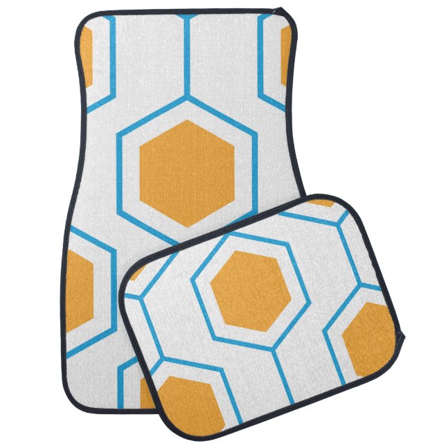 Hexagon abstract geometrical pattern in orange blu car floor mat (Set)