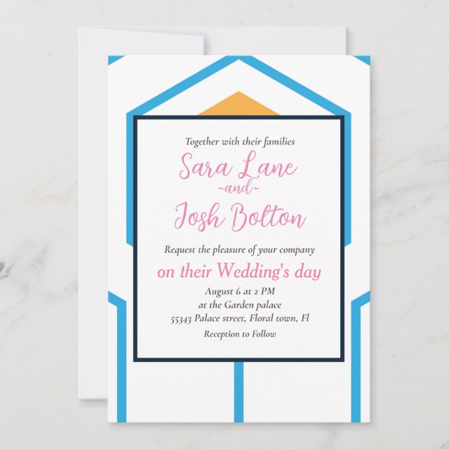 Hexagon abstract geometrical pattern in orange blu invitation (Front)