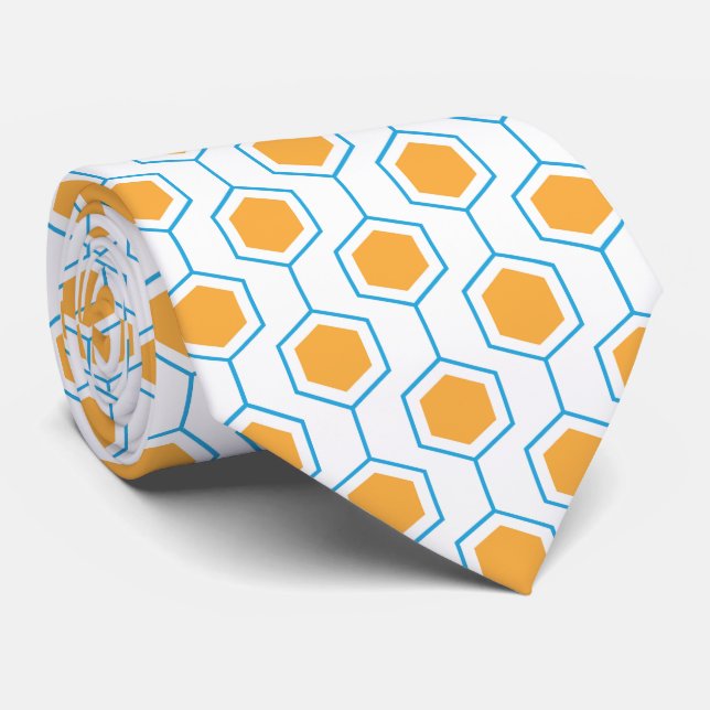 Hexagon abstract geometrical pattern in orange blu neck tie (Rolled)