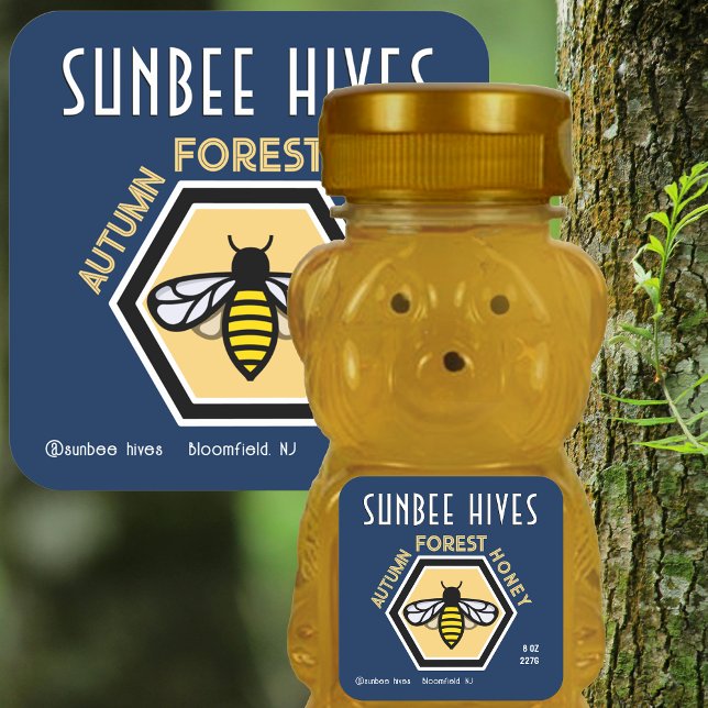 Hexagon Bee Modern Blue Honey Label  (Creator Uploaded)