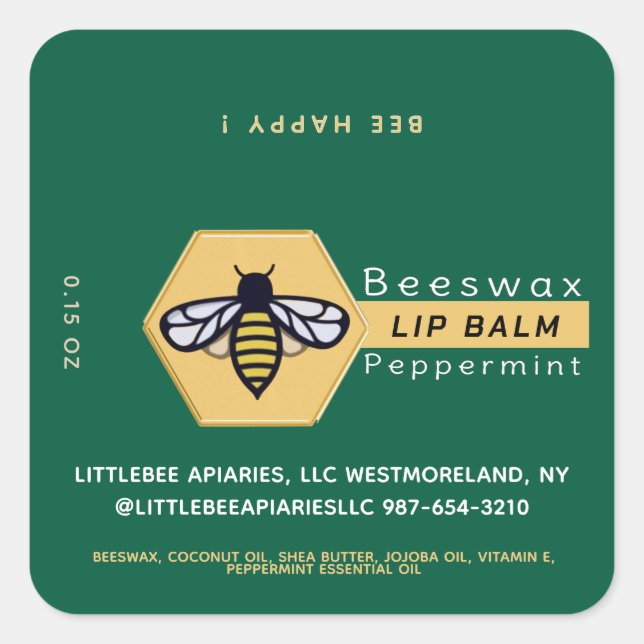 HEXAGON Beeswax Peppermint LIP BALM with BEE  Square Sticker (Front)