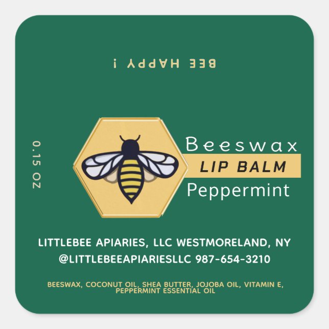 HEXAGON Beeswax Peppermint LIP BALM with BEE  Square Sticker (Front)