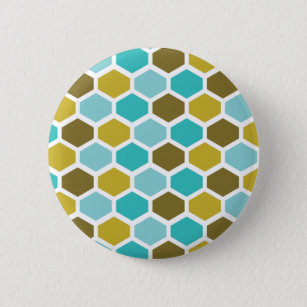 Hexagon Bestagon Mid Mod Deco White Teal Gold Button
