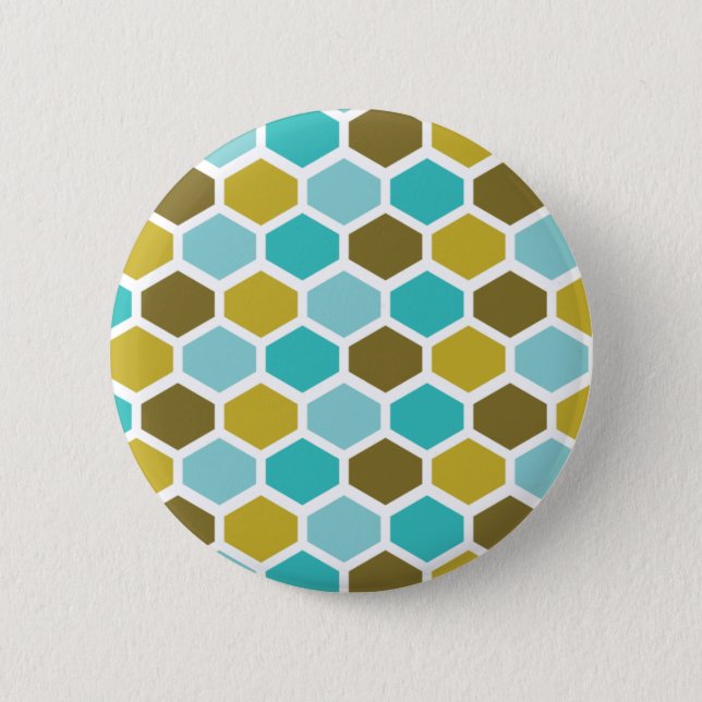 Hexagon Bestagon Mid Mod Deco White Teal Gold Button (Front)