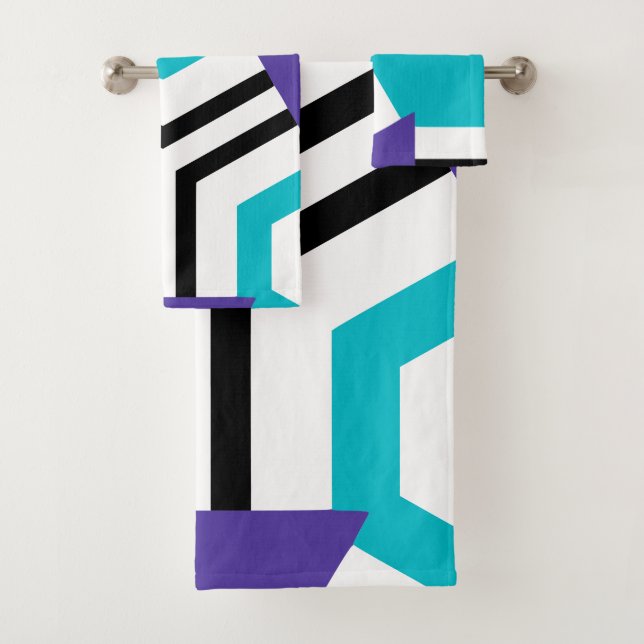 Hexagon blue black purple bath towel set (Insitu)