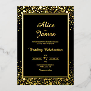 Hexagon Border Elegant Black Gold Foil Wedding Invitation