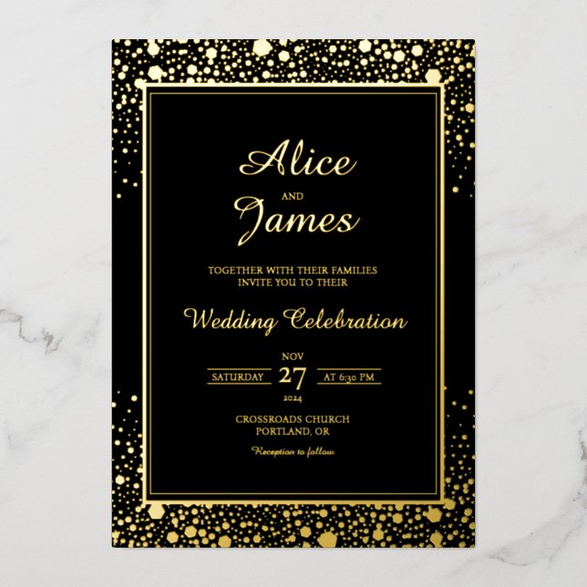 Hexagon Border Elegant Black Gold Foil Wedding Invitation (Front)
