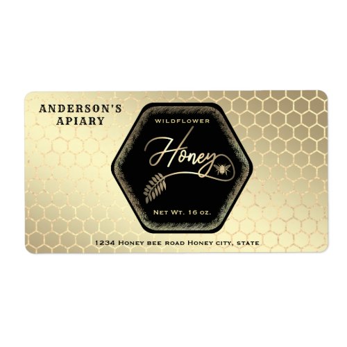 Hexagon branch  gold bee honey jar  label