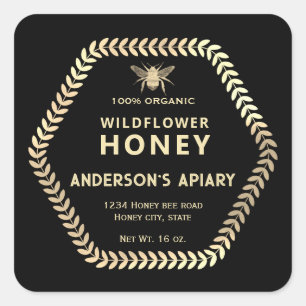 Hexagon branch  gold bee honey jar square sticker