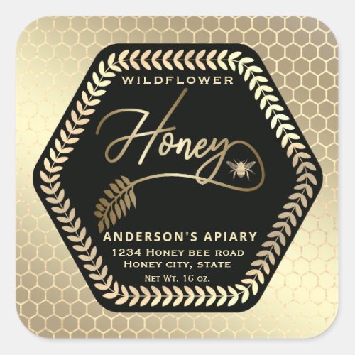 Hexagon branch  gold bee honey jar square sticker