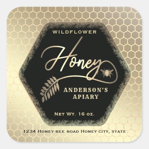 Hexagon branch  gold bee honey jar  square sticker