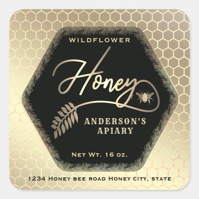 Hexagon branch  gold bee honey jar  square sticker (Front)