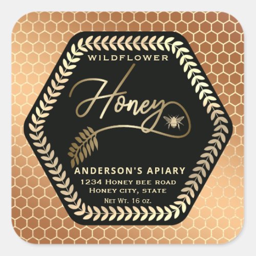 Hexagon branch  gold bee honey jar square sticker