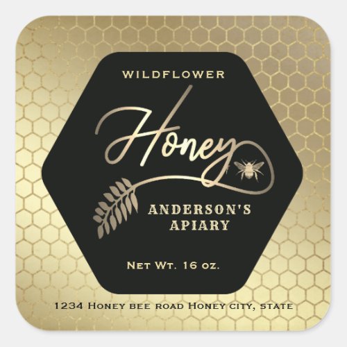 Hexagon branch  gold bee honey jar  square sticker