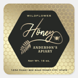 Hexagon branch  gold bee honey jar  square sticker
