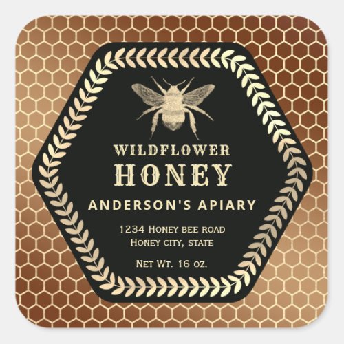 Hexagon branch  gold bee honey jar square sticker