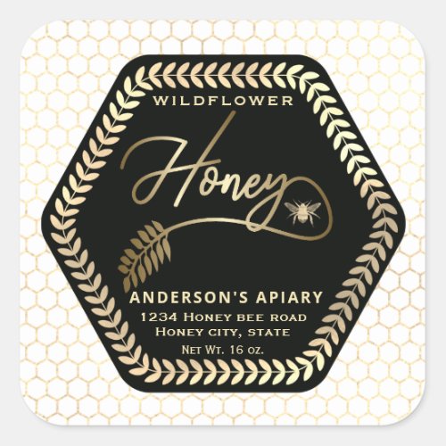 Hexagon branch  gold bee honey jar square sticker