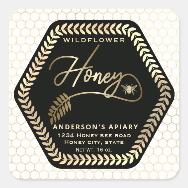 Hexagon branch  gold bee honey jar square sticker (Front)
