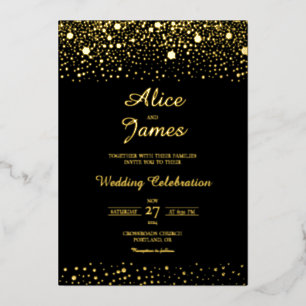 Hexagon Confetti Elegant Black Gold Foil Wedding Invitation