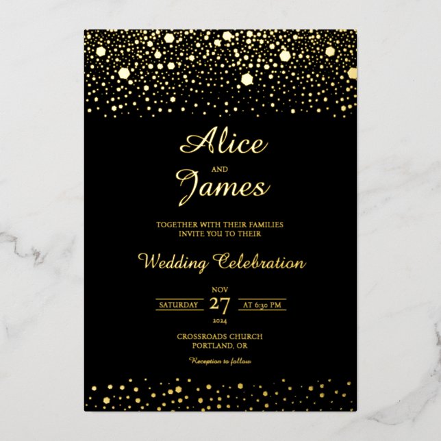Hexagon Confetti Elegant Black Gold Foil Wedding Invitation (Front)