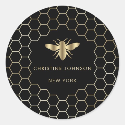 hexagon design bee logo on black classic round sticker