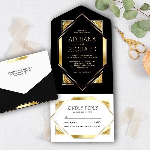 Hexagon Frame Black and Gold Foil Art Deco Wedding All In One Invitation