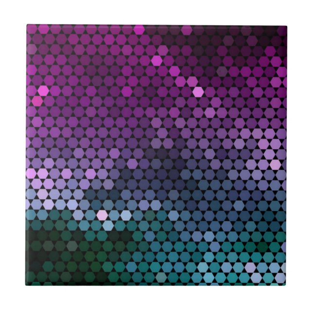 Hexagon geometric gradient Purple and Blue-Green Ceramic Tile (Front)