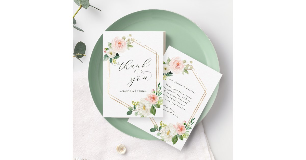 Hexagon Gold Frame Blush Pink Floral Thank You Card | Zazzle