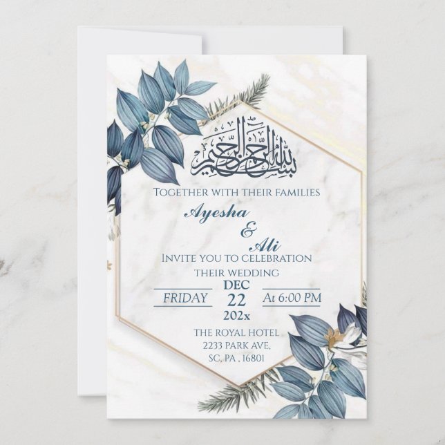 Hexagon Gold Frame grey leaves Islamic Wedding  Invitation (Front)