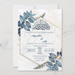 Hexagon Gold Frame grey leaves Islamic Wedding Invitation