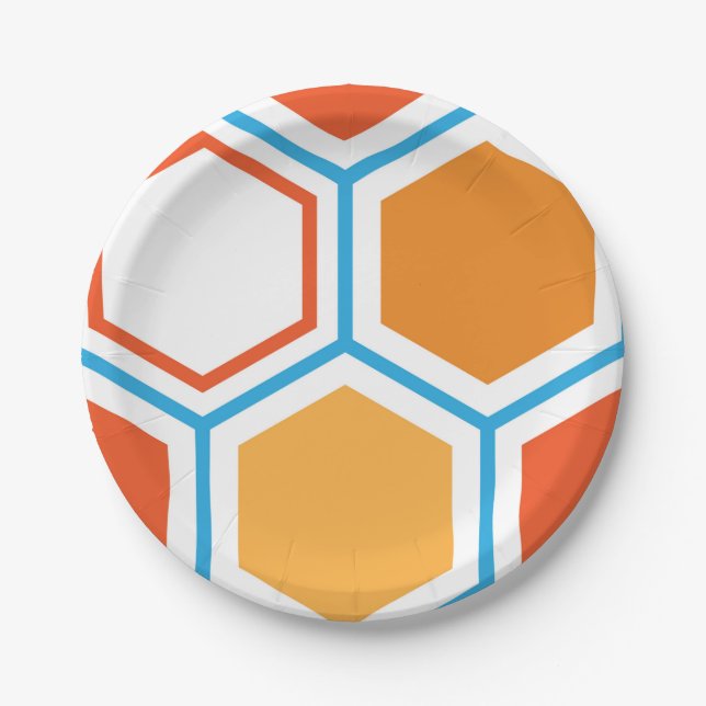 Hexagon in orange, blue and white paper plates (Front)
