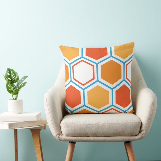 Hexagon in orange, blue and white throw pillow (Chair)